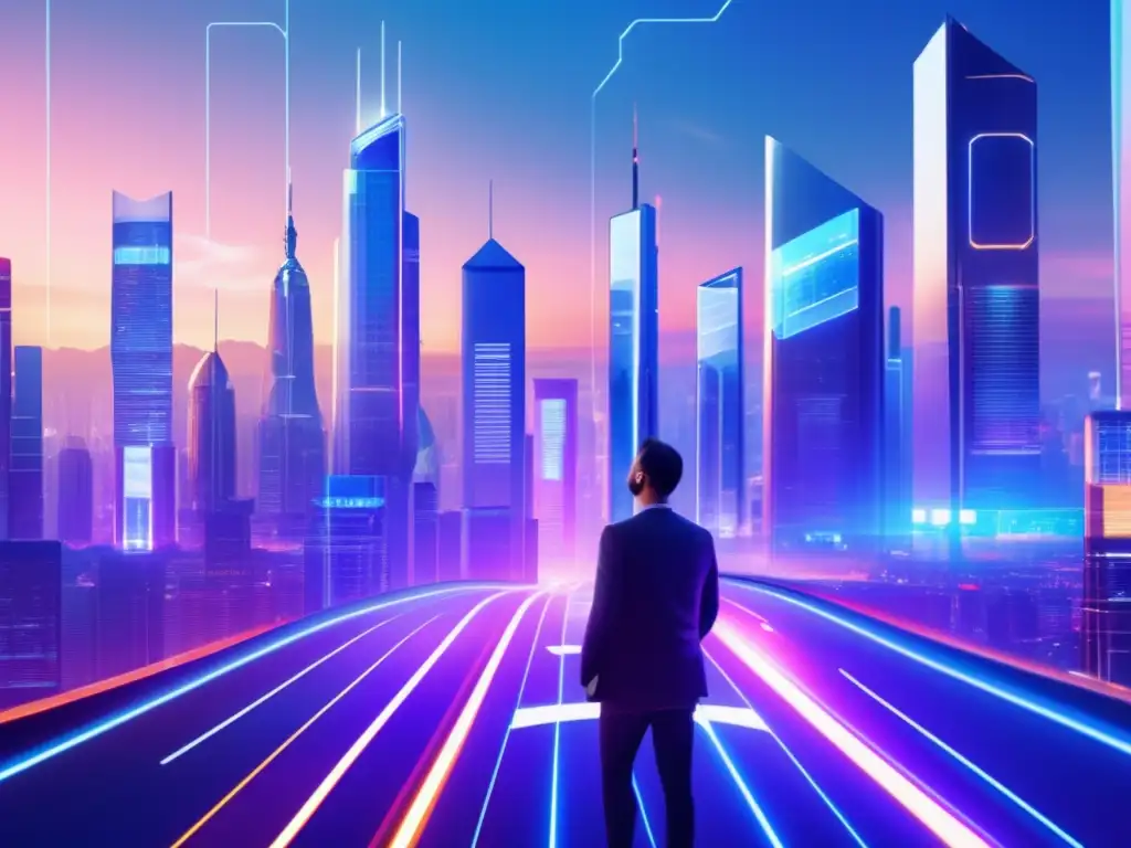 Futuro financiero con roboadvisors Ventajas de invertir con Roboadvisors: Futurista ciudad con rascacielos modernos, pantallas digitales y autos autónomos, mostrando la eficiencia y facilidad de invertir en estrategias diversificadas a través de roboadvisors