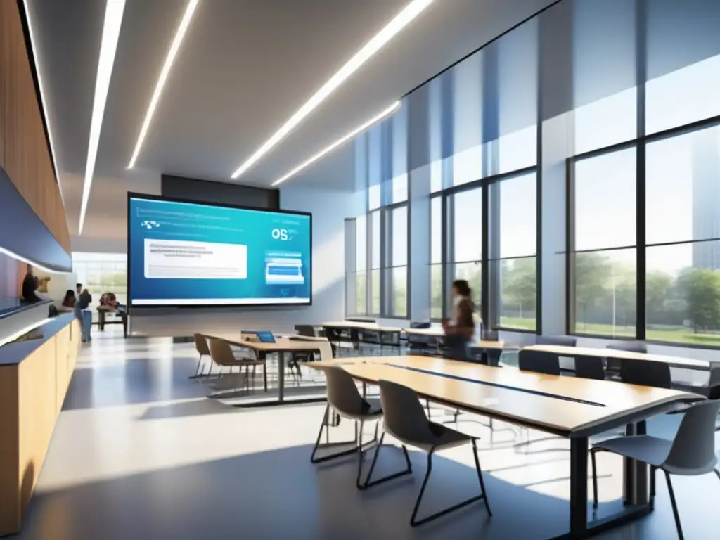 Aula futurista con tecnología avanzada Ventajas de invertir en educación: aula futurista con tecnología avanzada, mobiliario ergonómico y pantalla interactiva