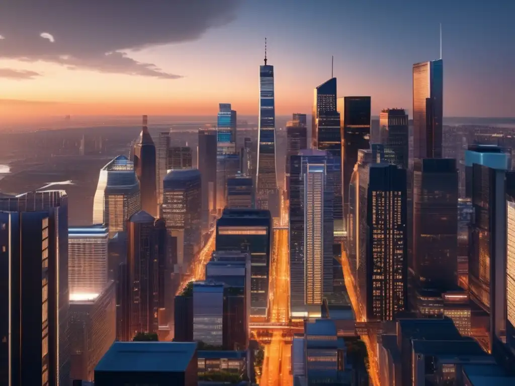 Ciudad moderna al atardecer con IA Ventajas de IA en crisis financieras: Ciudad moderna, rascacielos iluminados, distrito financiero, inteligencia artificial, progreso e innovación