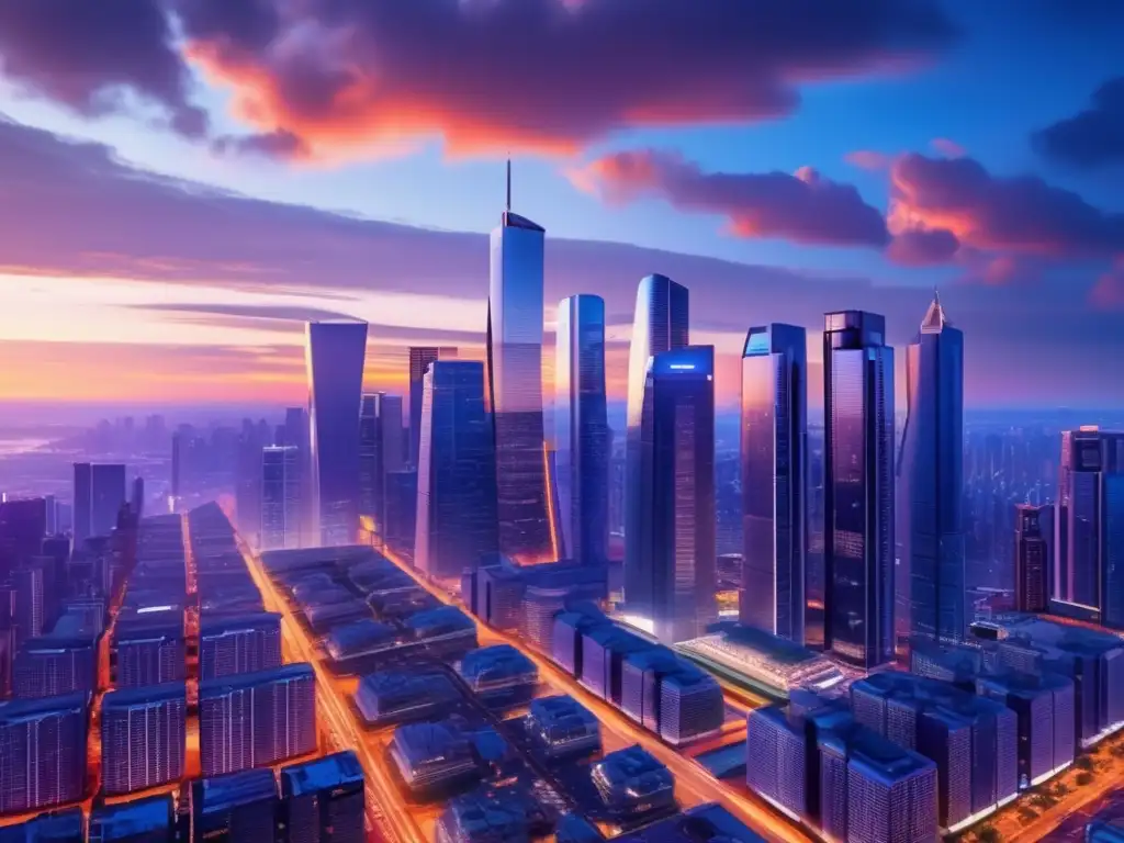 Futuro ciudad inteligente con IA Ventajas de IA en crisis financieras: Ciudad futurista con rascacielos, coches autónomos y proyecciones holográficas