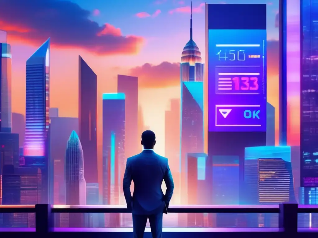 Futuro financiero: IA y gráficos Ventajas de IA en crisis financieras: Futuro ciudad con rascacielos, gráficos bursátiles y persona segura con tablet exitosa