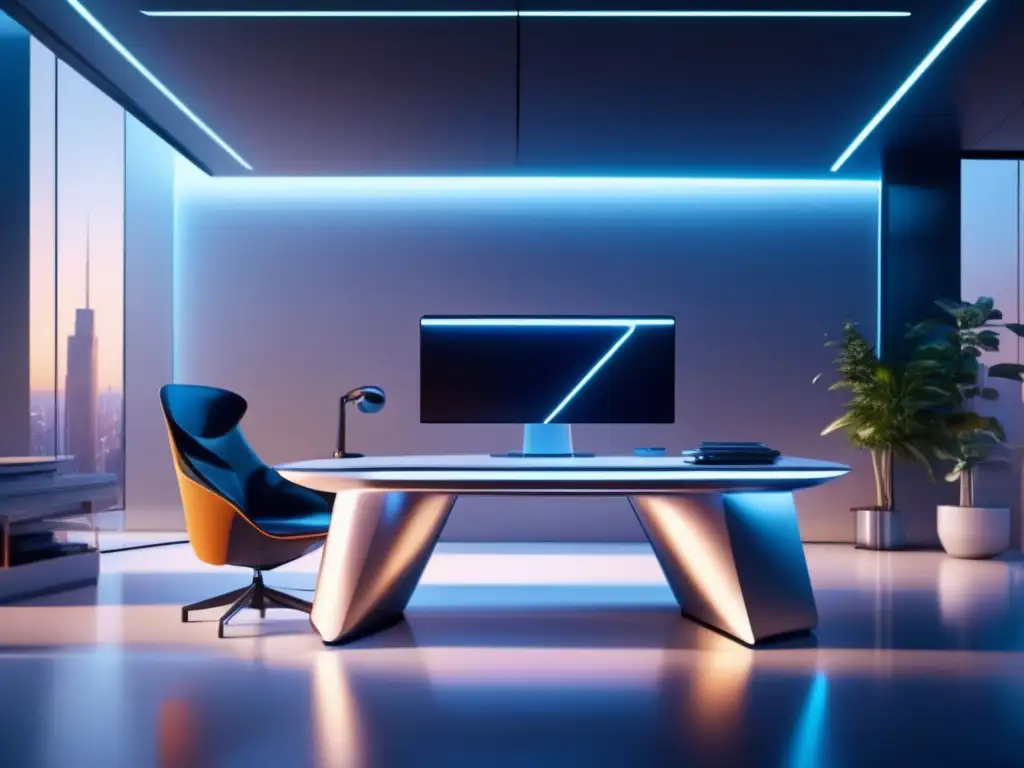 Oficina futurista con roboadvisor Ventajas de Roboadvisors en inversiones: Oficina futurista con roboadvisor sofisticado, ambiente cálido, vista impresionante