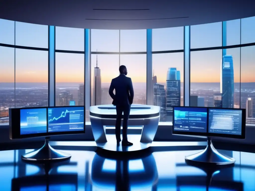 Oficina moderna con roboadvisor avanzado Ventajas de los Roboadvisors en inversiones: Oficina moderna con vista a la ciudad, robótica avanzada y tecnología eficiente