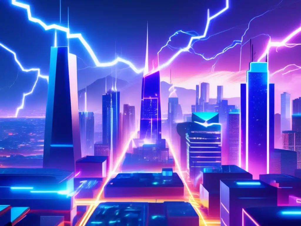 Ciudad futurista con red de rayos azules Ventajas Lightning Network Bitcoin: Ciudad futurista con rascacielos, luces neón y red de rayos azules