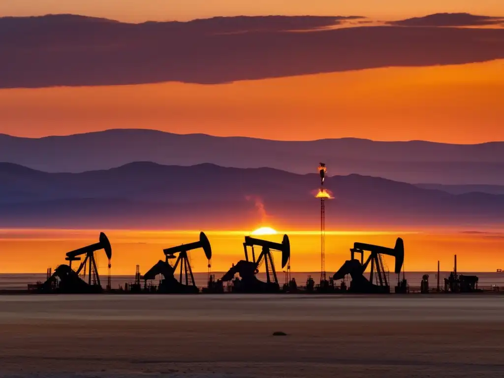 Majestuoso campo petrolero al atardecer Ventajas invertir en materias primas y ETFs: Vista panorámica 8k de un vasto campo petrolero al atardecer