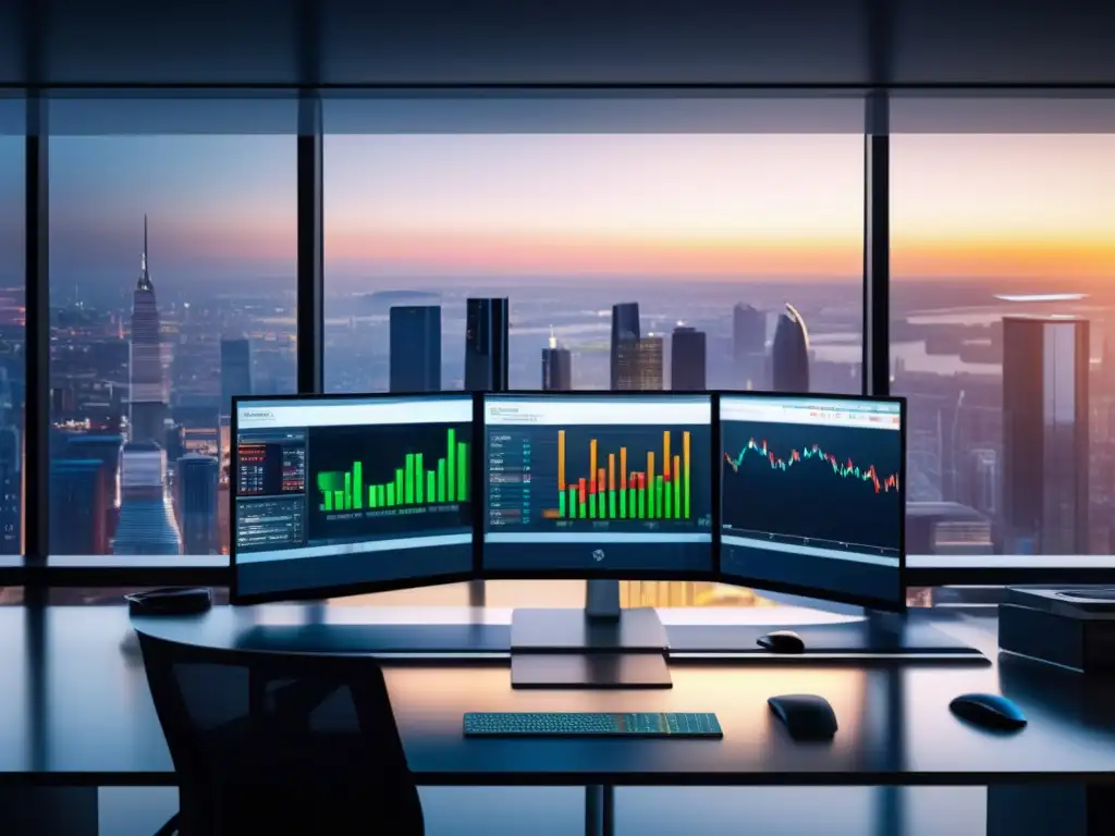 Mesa de trading moderna en oficina minimalista Ventajas IQ Option opciones binarias: Oficina moderna, vista panorámica, trading desk, tecnología avanzada, profesionalismo