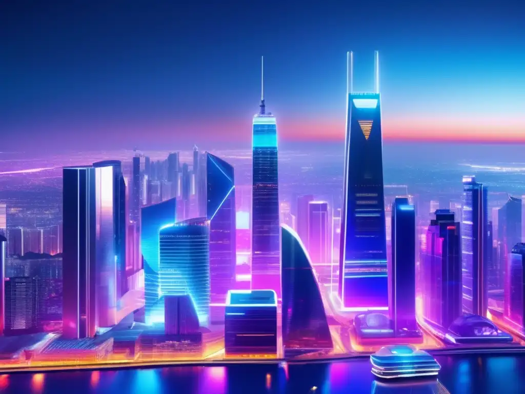 Ciudad futurista nocturna con rascacielos y tecnología avanzada Ventajas plataformas financieras emergentes: Ciudad futurista vibrante con rascacielos, luces LED y personas usando dispositivos móviles