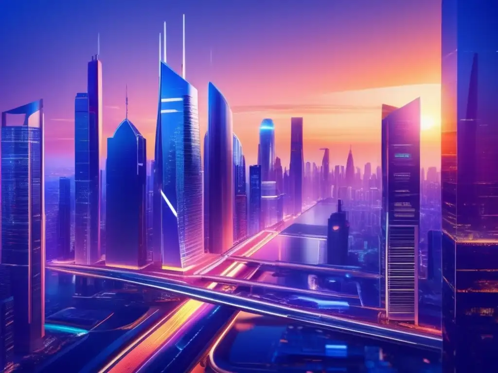Futuro metropolitano de inversión segura Ventajas plataformas financieras emergentes: ciudad futurista con rascacielos tecnológicos y conectividad