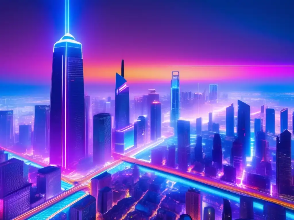 Futurista ciudad con rascacielos brillantes Ventajas plataformas financieras emergentes en futurista ciudad con rascacielos, luces neón y vehículos eléctricos