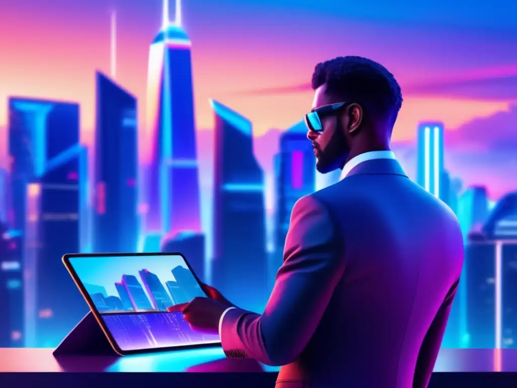 Futuro financiero: humanos y robots en ciudad digital Ventajas roboadvisors en era digital: Futurista ciudad, asesores humanos y robóticos, rascacielos, datos financieros, tecnología avanzada