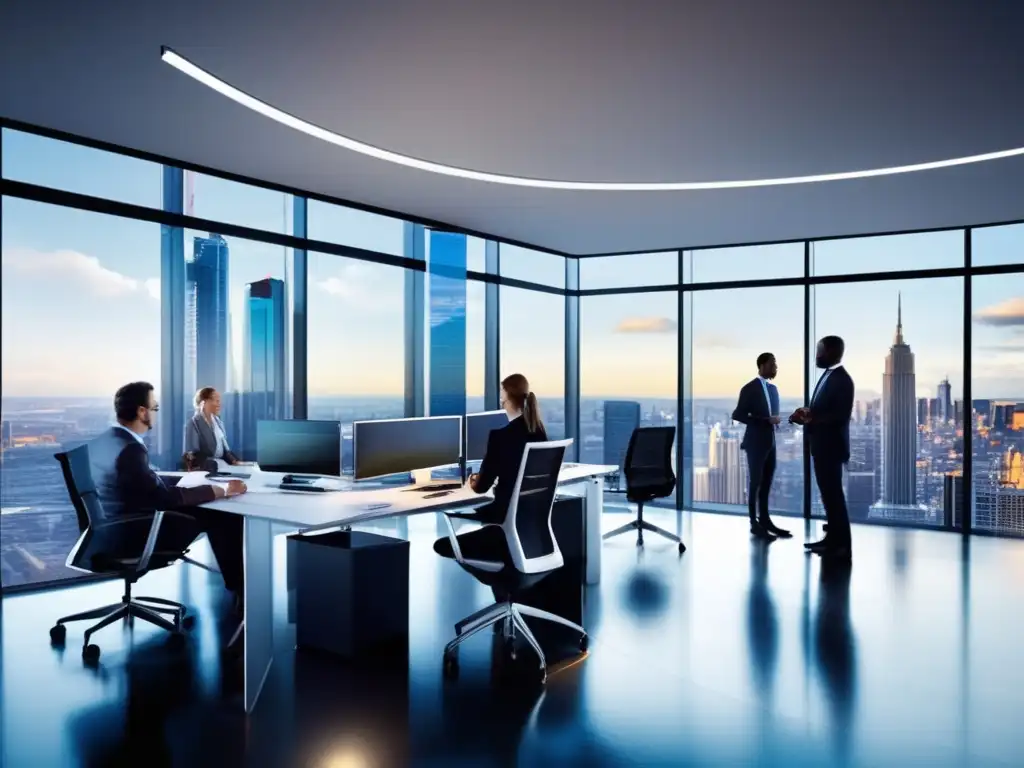 Oficina moderna con tecnología AI y profesionales discutiendo Ventajas de usar software AI en inversiones: oficina moderna, profesionales en discusiones, tecnología avanzada