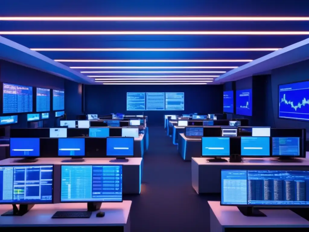 Futuro trading floor tecnológico Ventajas del trading algorítmico en bolsa: Futuro piso de trading con monitores, luces neón y traders inmersos en su labor