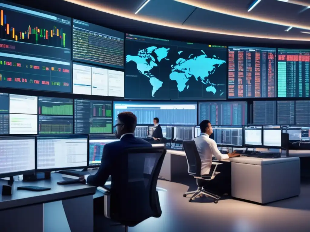 Traders analizando datos en moderna sala de trading Ventajas del trading algorítmico en bolsa: Moderna sala de trading con tecnología futurista y traders analizando datos