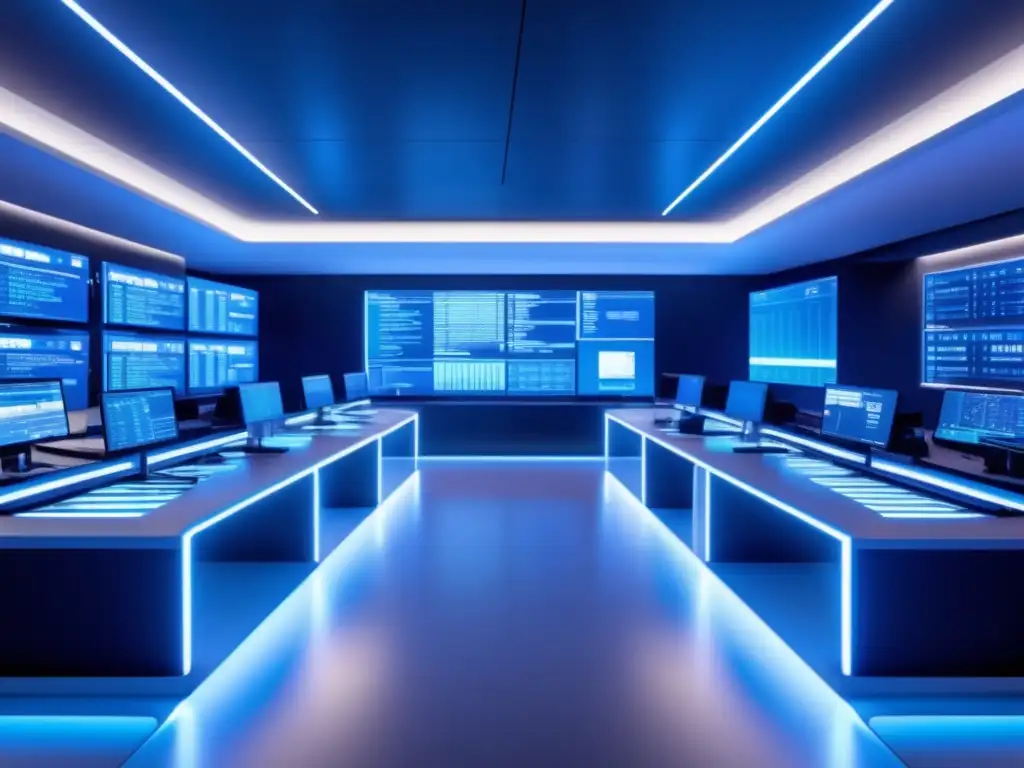 Trading algorítmico futurista Ventajas trading algorítmico en bolsa: Futurista sala de trading con traders humanos y robots, pantallas hightech y datos en tiempo real