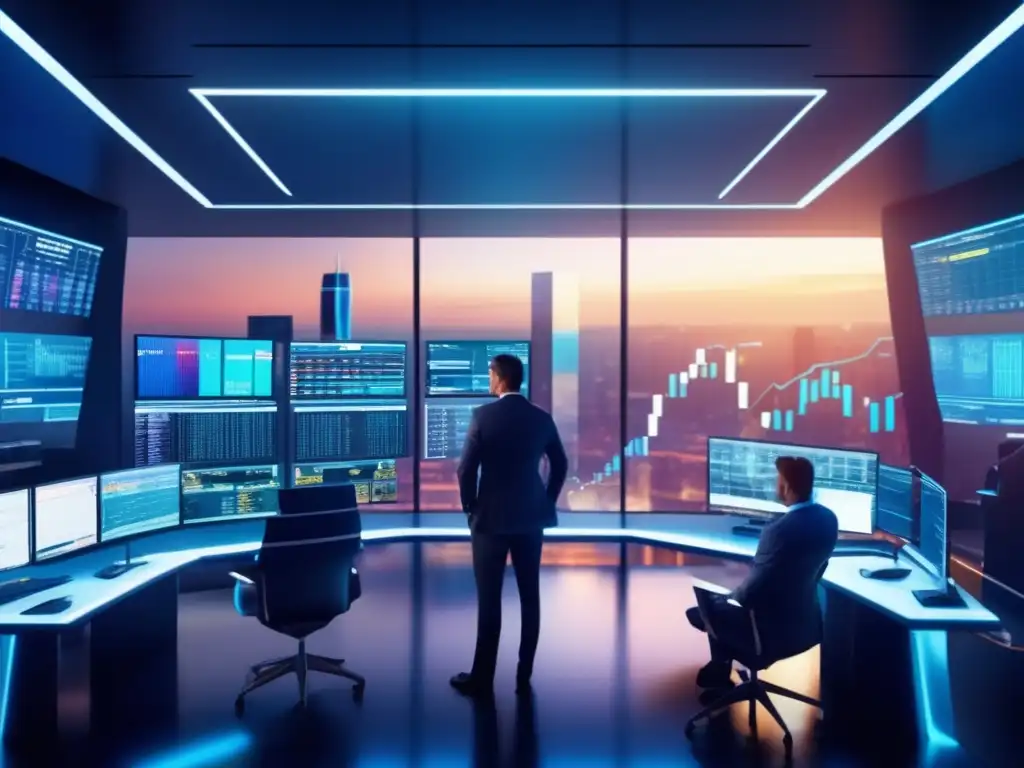 Futuro trading floor con tecnología avanzada Ventajas del trading algorítmico: Futuro piso de operaciones con tecnología avanzada y traders analizando datos financieros