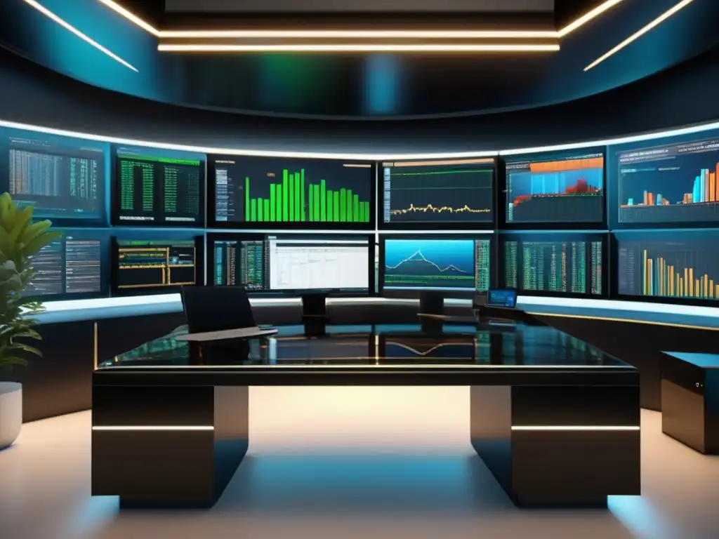 Escritorio de trading moderno y elegante Ventajas del trading algorítmico con imagen moderna de escritorio de mármol negro, monitor de alta tecnología y gráficos precisos