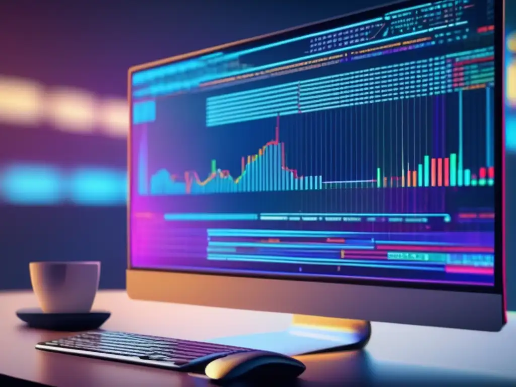 Código de trading algorítmico con colores vibrantes Ventajas trading algorítmico: pantalla moderna con código colorido, gráficos futuristas y tecnología avanzada