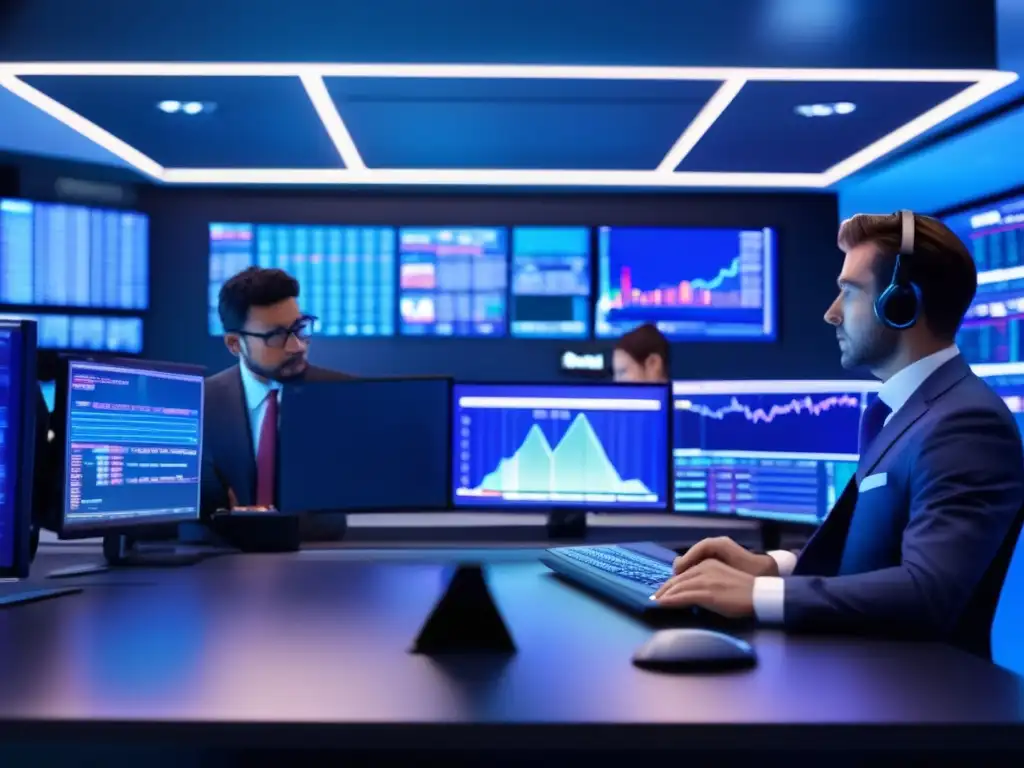 Trading floor moderno y eficiente con operaciones en tiempo real Ventajas del trading algorítmico en plataformas financieras: Una moderna sala de trading con monitores de última generación, datos en tiempo real y traders enfocados en operaciones automatizadas
