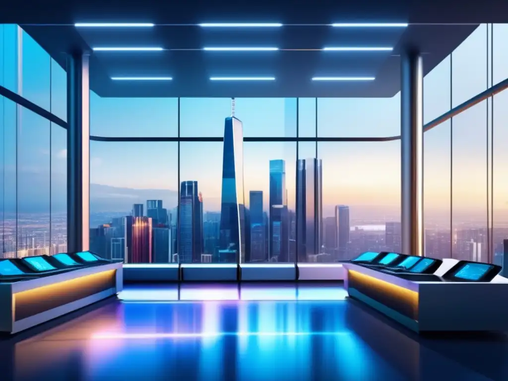 Trading algorítmico: Futurista y eficiente Ventajas del trading algorítmico en plataformas financieras: Futurista trading floor con tecnología avanzada y eficiencia