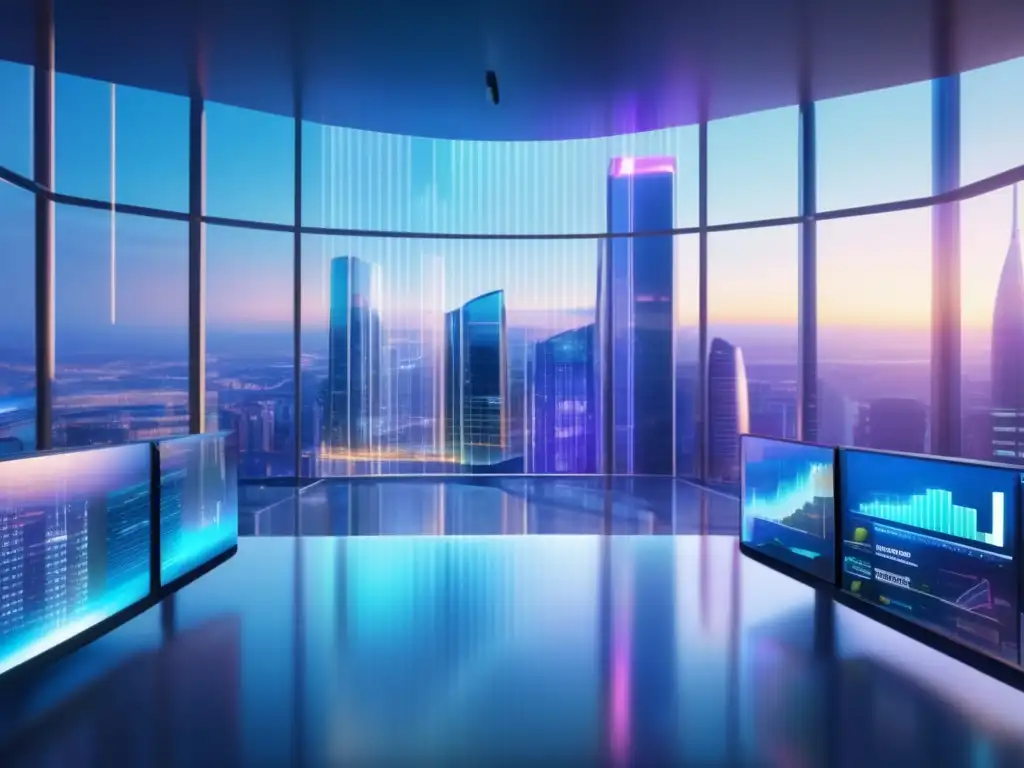 Ventajas transparencia IA operaciones financieras: Futurista hub financiero con transparencia, eficiencia e innovación