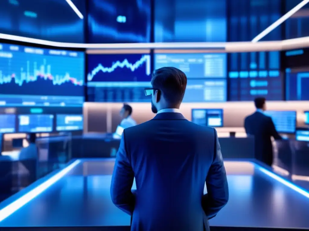 Futuro trading floor con tecnología avanzada Ventajas del uso de big data en trading: Futuro trading floor con tecnología puntera, traders analizando datos y tomando decisiones informadas