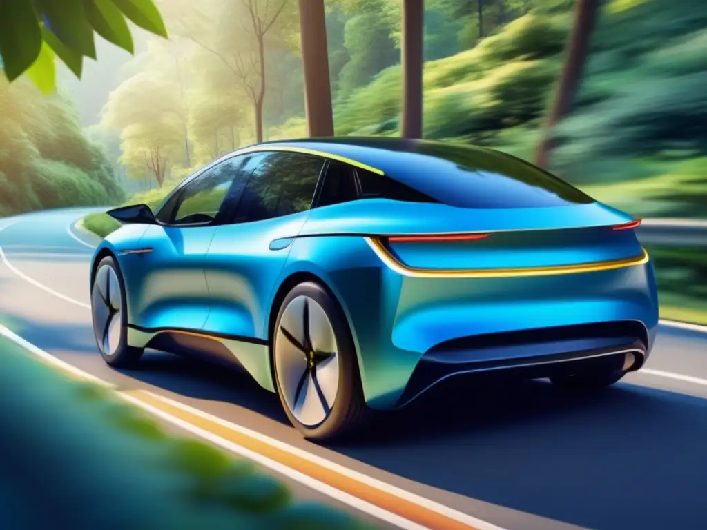 Un auto eléctrico moderno en una carretera escénica Ventajas de vehículos eléctricos en carretera escénica con tecnología y sostenibilidad