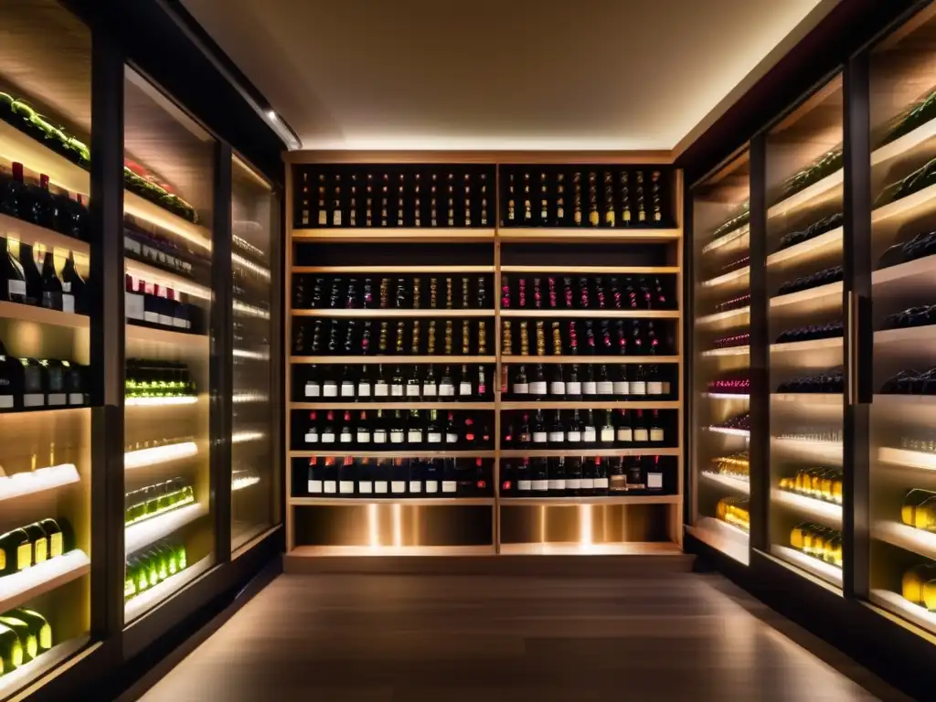 Bodega de vinos moderna y elegante Ventajas de invertir en vinos: Bodega moderna con botellas organizadas y bien iluminadas