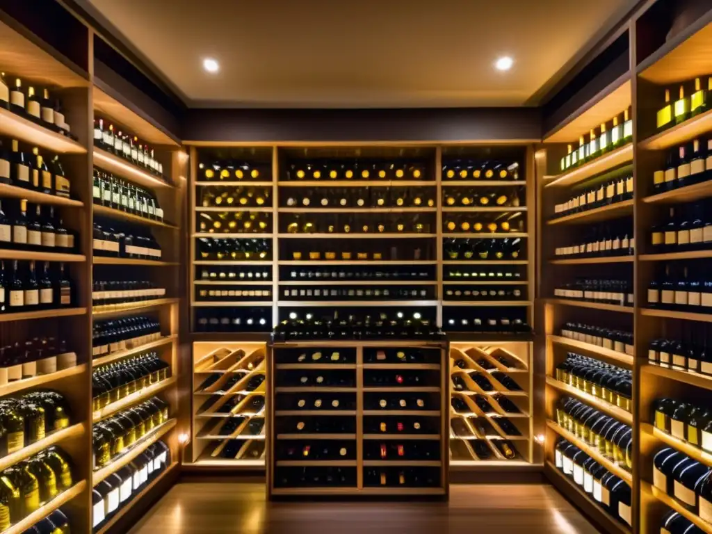 Cava de vinos elegante y sofisticada Ventajas invertir en vinos: Bodega moderna con filas de botellas organizadas, iluminadas y elegantes