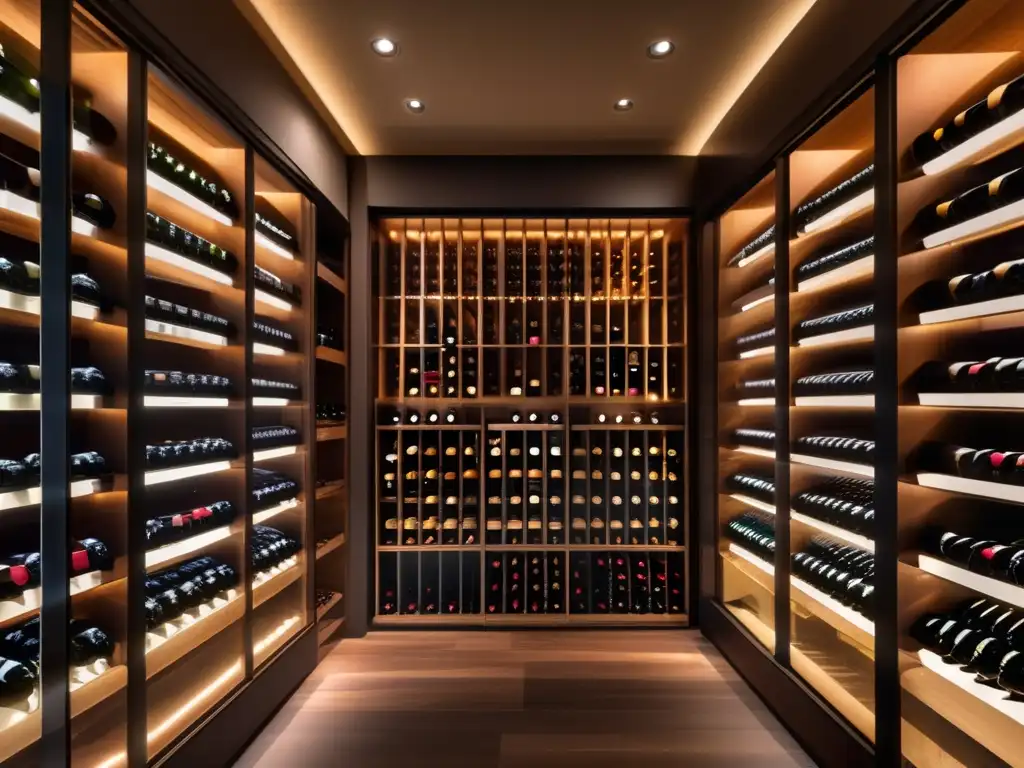 Elegante bodega de vinos con botellas organizadas Ventajas invertir vinos | Espléndido diseño moderno de bodega con paredes de vidrio y etiquetas elegantes en botellas perfectamente organizadas