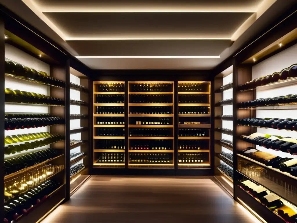 Exclusiva bodega con vinos raros y valiosos Ventajas de invertir en vinos: Lujosa bodega de vinos con impresionante colección, diseño moderno y exquisita iluminación