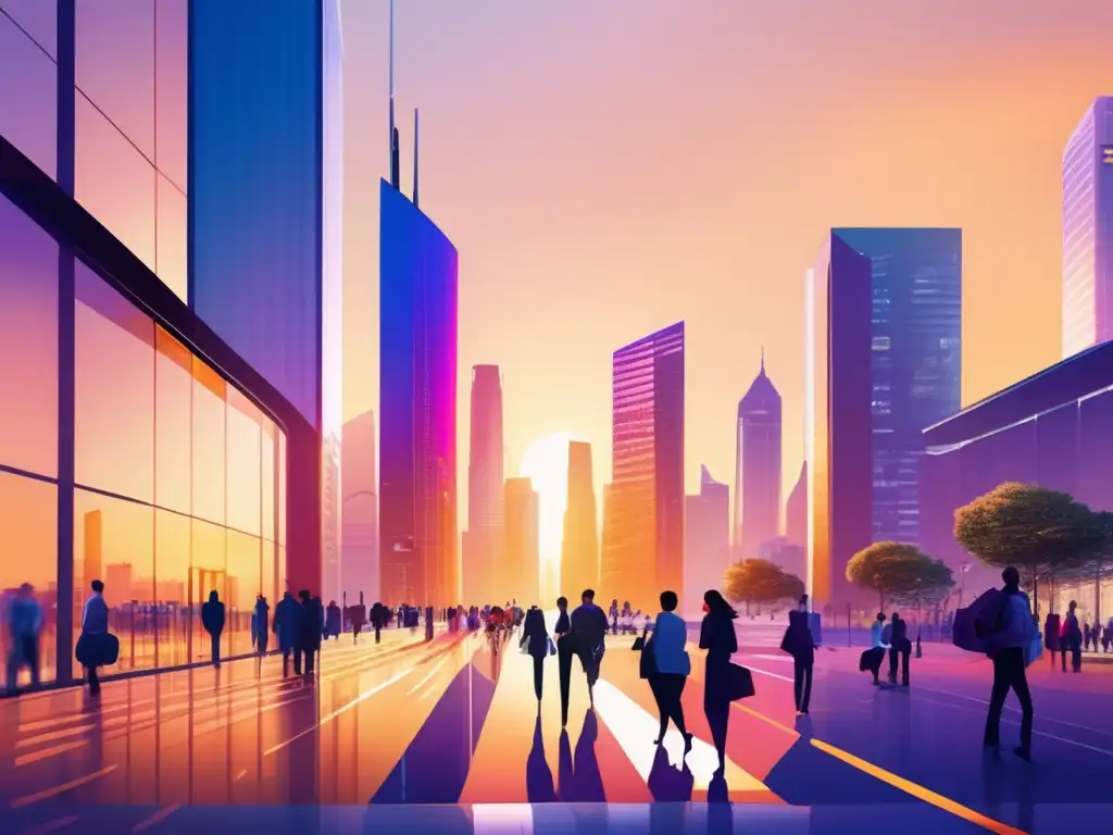 Ciudad vibrante al atardecer con profesionales discutiendo inversiones The ALT for the image would be: