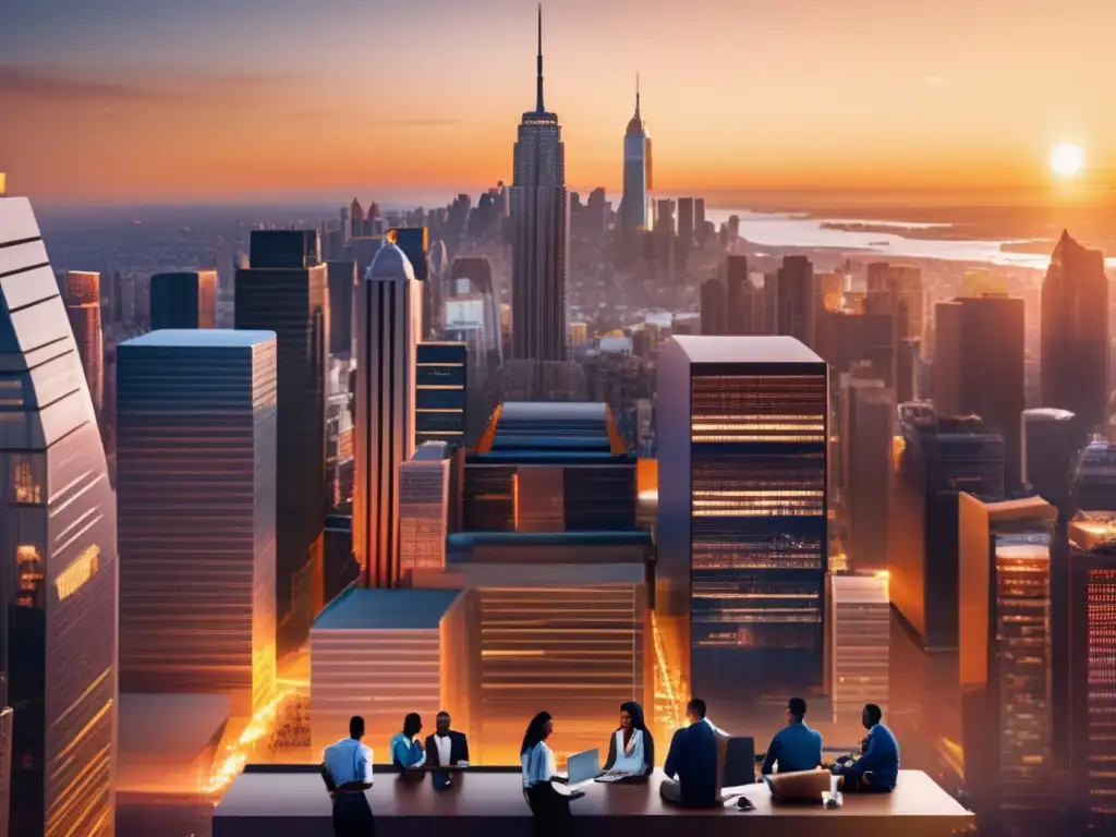 Ciudad al atardecer con impacto social Una vibrante ciudad al atardecer muestra rascacielos relucientes, personas diversas comprometidas con impacto social y negocios con propósito