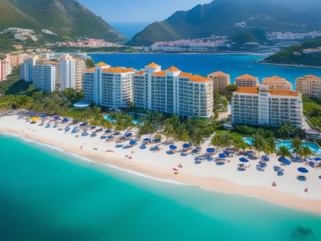 Vista aérea de destino turístico vibrante Vibrante ciudad costera con montañas verdes, aguas cristalinas y moderna arquitectura - Estrategias de inversión en propiedades vacacionales rentables