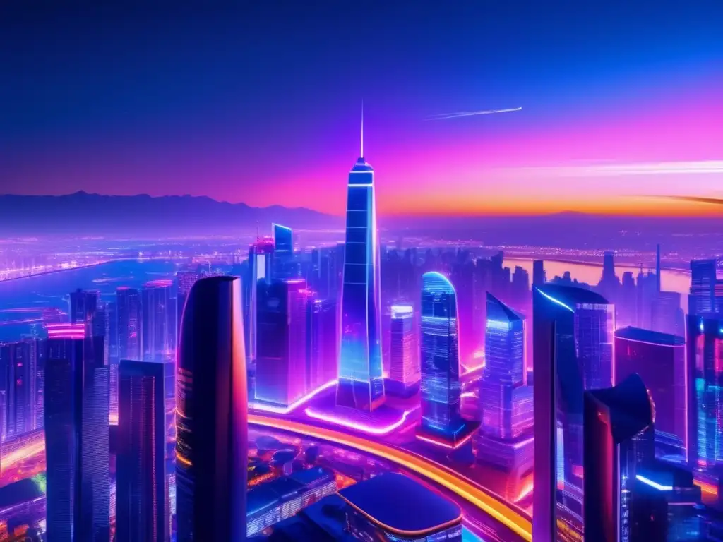 Ciudad futurista iluminada por luces neón Una vibrante ciudad futurista iluminada por luces de neón, reflejando progreso y sofisticación