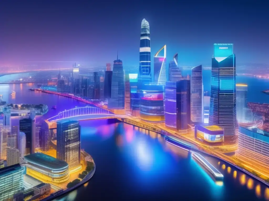Futuro financiero en la ciudad Innovación fintech para invertir en vibrante ciudad nocturna con profesionales analizando datos y discutiendo