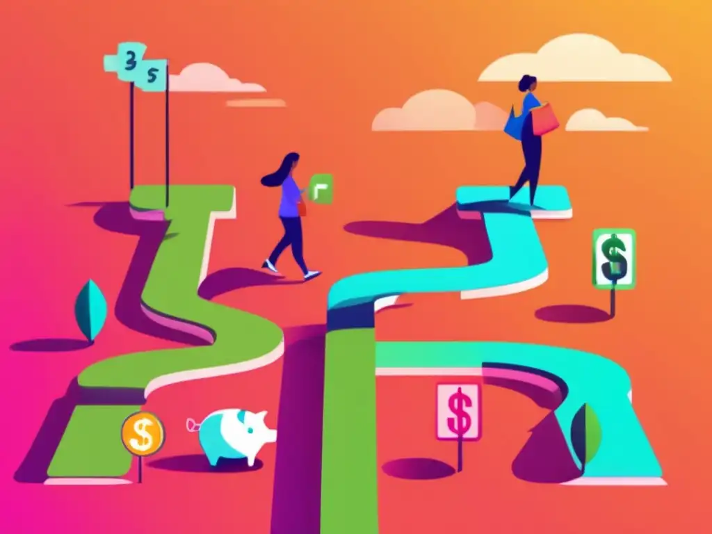 Decisiones financieras clave Ilustración digital vibrante: Errores financieros comunes evitar: falta de presupuesto, gasto excesivo y falta de ahorro