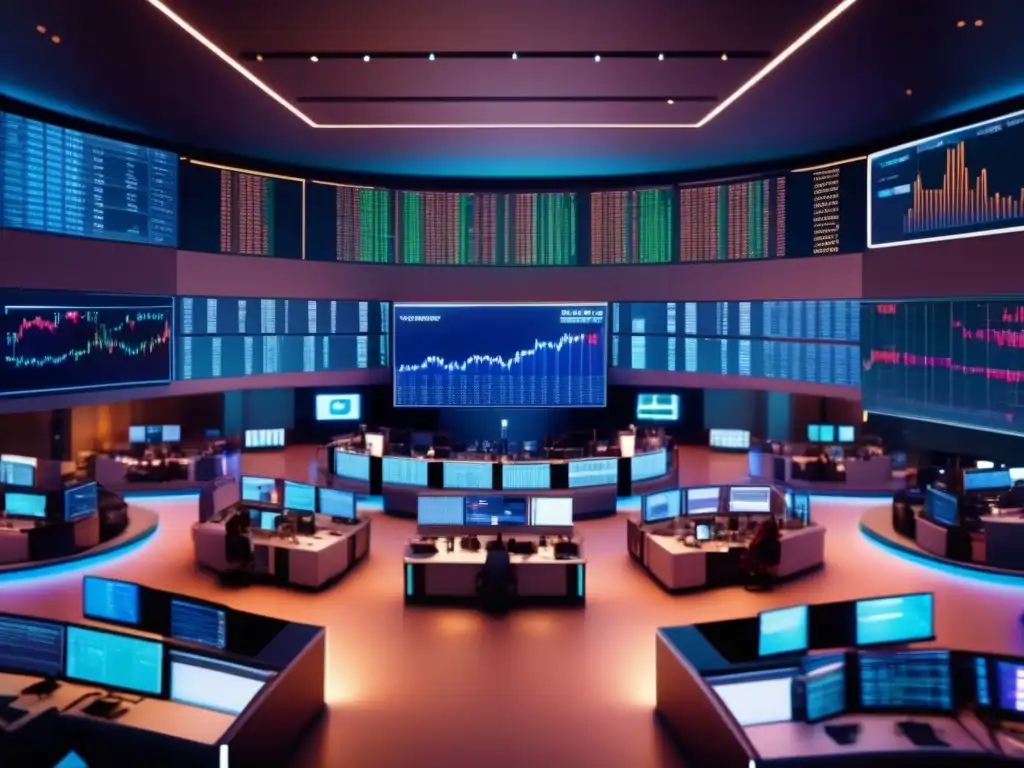 Mercado de valores moderno y dinámico Un vibrante escenario de inversión activa con traders inmersos en su trabajo rodeados de pantallas de alta tecnología y datos en tiempo real