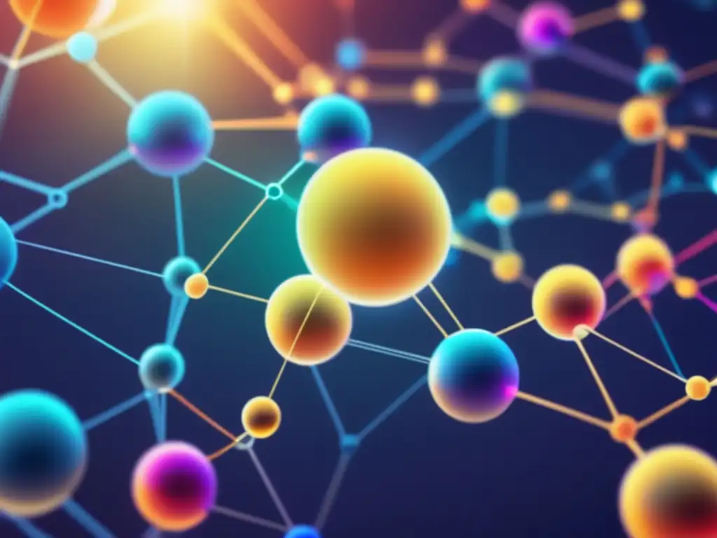 Red de nodos interconectados en la tecnología blockchain Ilustración vibrante y futurista de una red de nodos interconectados que representan distintos aspectos de la tecnología blockchain