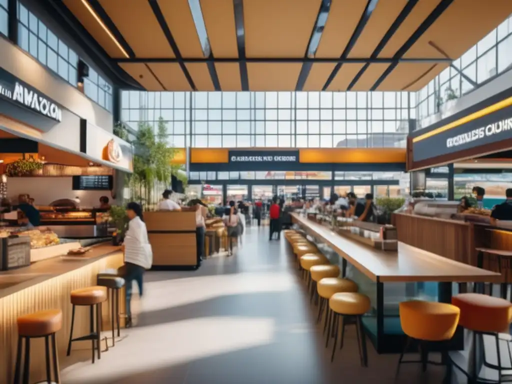 Food court con variedad de comidas y ambiente vibrante Una vibrante imagen en 8k de un bullicioso food court moderno, con una variedad de puestos de comida vibrantes y diversos