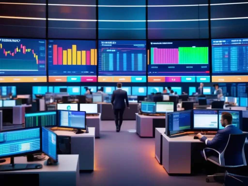 Mercado financiero moderno y dinámico Un vibrante mercado financiero con traders, pantallas futuristas y gráficos de acciones en constante cambio