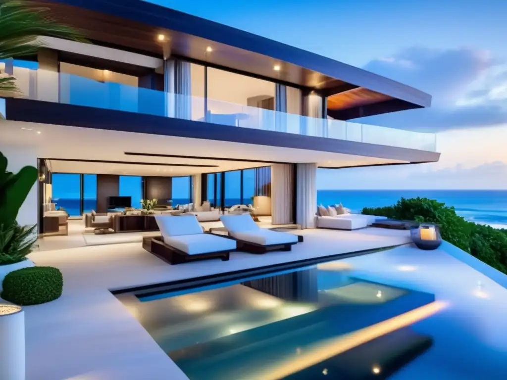 Villa de lujo frente a la playa con vistas panorámicas al mar Villa de playa de lujo con diseño arquitectónico moderno y vistas panorámicas al océano