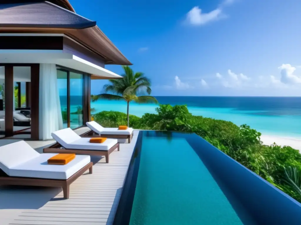 Villa de playa de lujo en entorno tropical Villa de playa de lujo rodeada de exuberante vegetación tropical