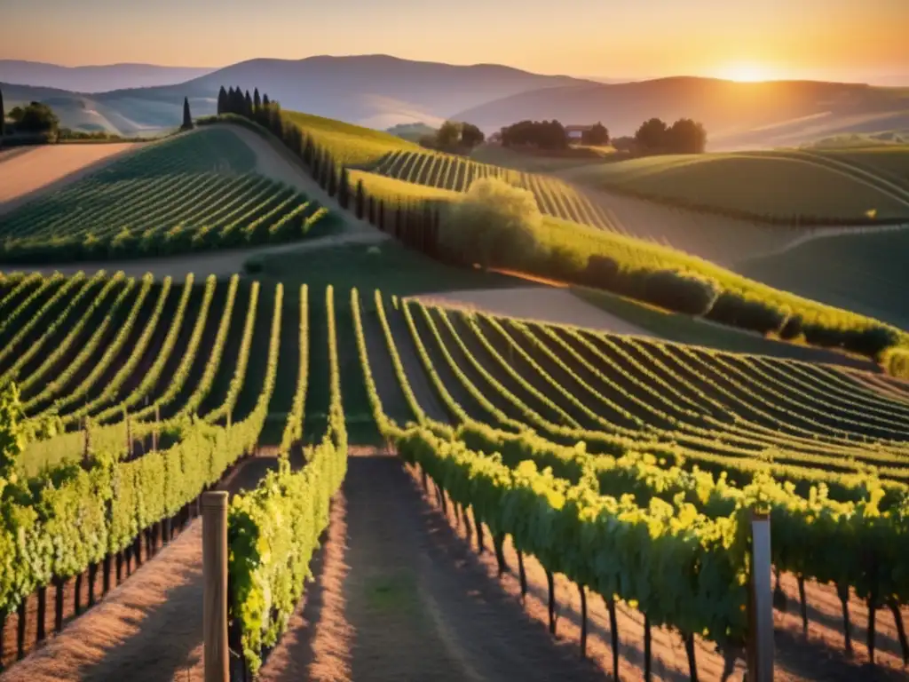 Viñedo al atardecer, colores vibrantes Un viñedo en 8k al atardecer, con colores vibrantes iluminando los suaves colinas y filas de vides