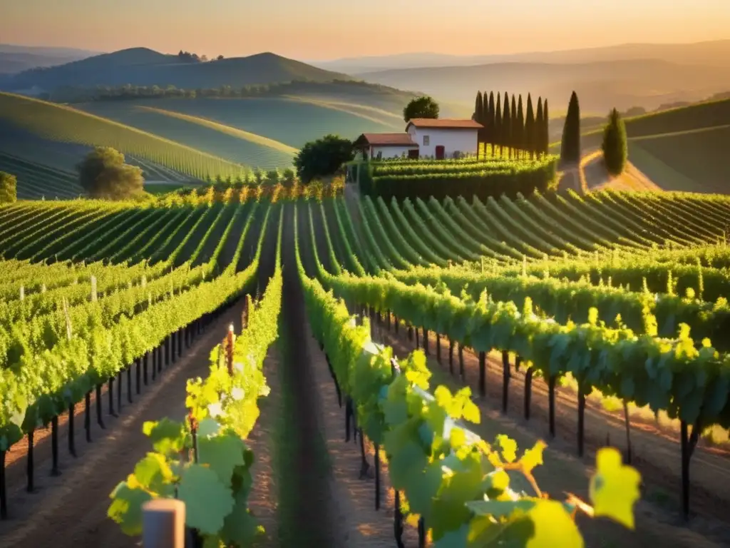 Viñedo al atardecer, elegancia y calidad Viñedo al atardecer, con uvas verdes y paisaje dorado - Vinos con potencial de plusvalía