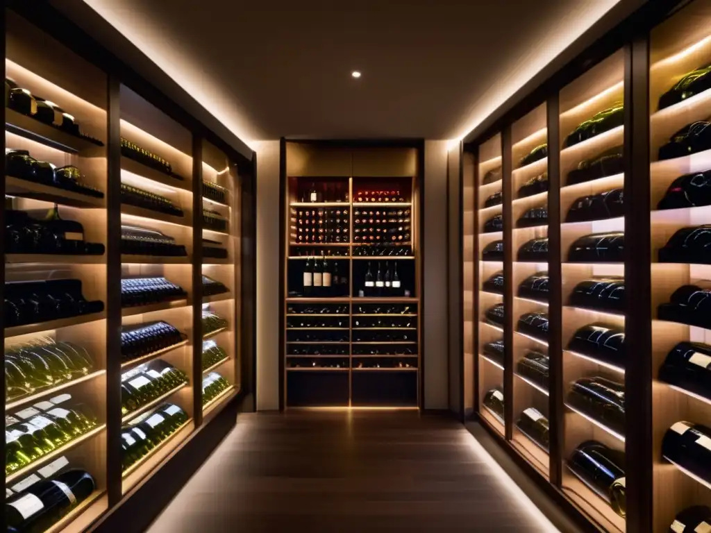 Elegante bodega de vinos de lujo Vinos de Alta Gama Potencial Revalorización - Bodega moderna con botellas de vino organizadas y elegantes etiquetas