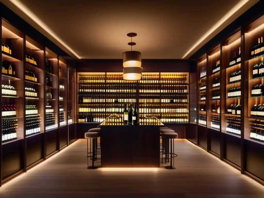 Exclusiva bodega de vinos de lujo Vinos de Alta Gama Potencial Revalorización - Wine cellar con vinos de lujo, iluminación ambiental y etiquetas destacadas