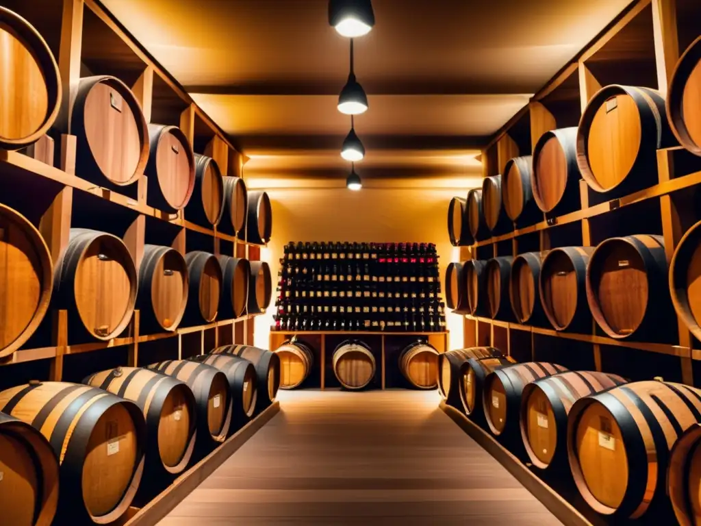 Bodega de vinos elegante y sofisticada Invertir en vinos sin ser enólogo: Bodega moderna con barricas de roble llenas de vinos tintos envejecidos