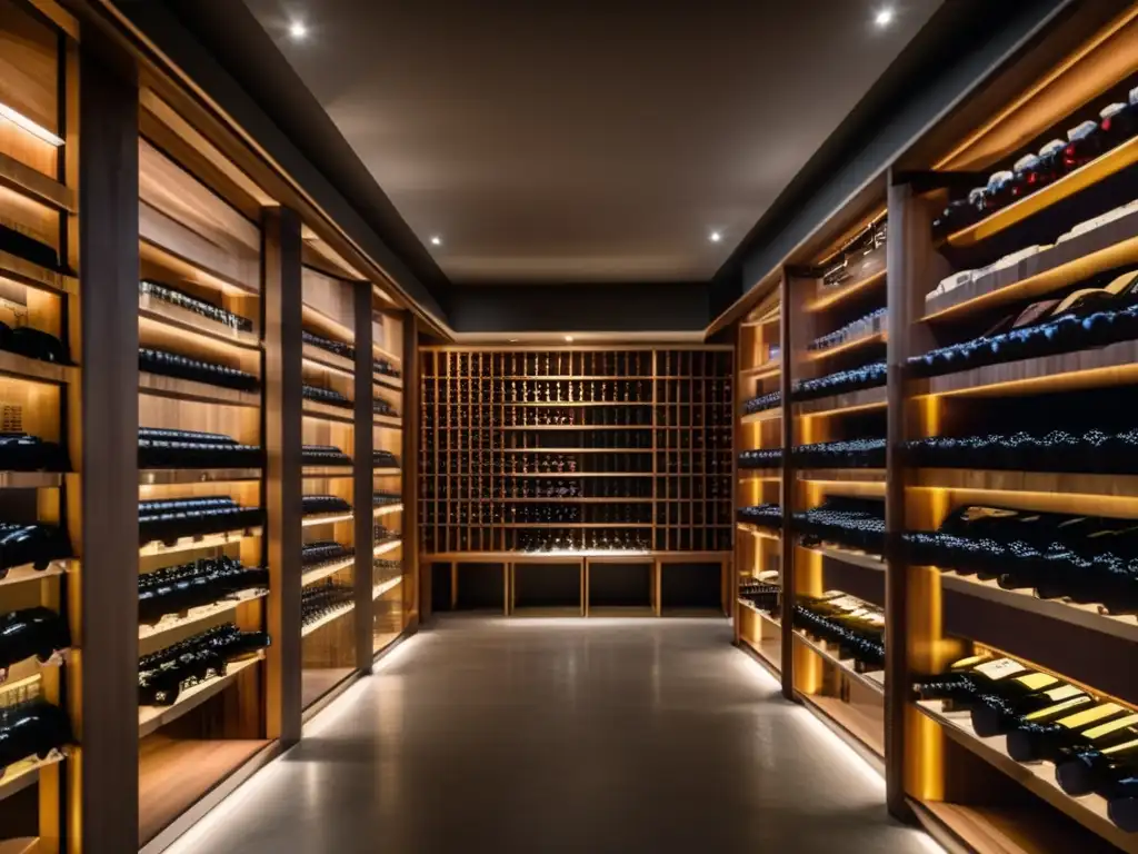 Exquisita bodega de vinos moderna con barriles y elegante sommelier Invertir en vinos sin ser enólogo: bodega moderna con barricas, iluminación suave, sommelier y colección de botellas