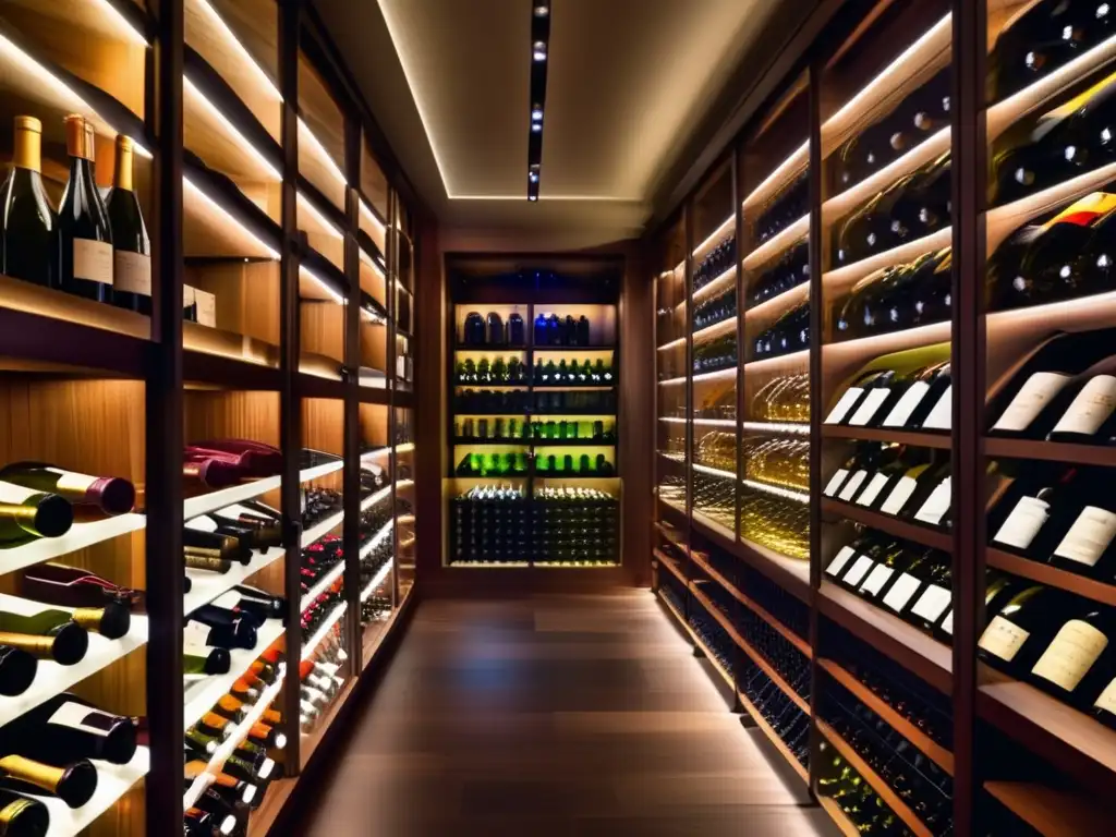 Lujosa bodega de vinos moderna con paredes de vidrio Invertir en vinos sin ser enólogo: una bodega moderna con paredes de vidrio, iluminación ambiental y botellas de vinos organizadas meticulosamente