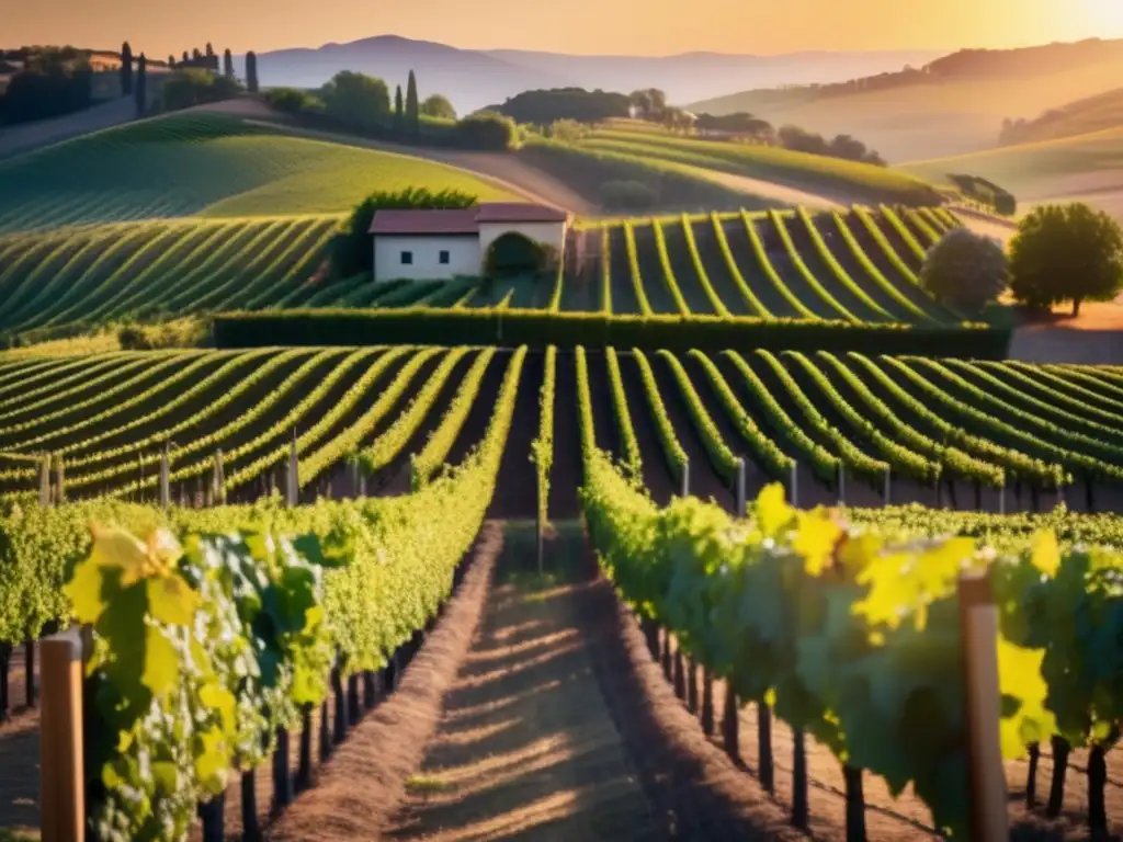 Paisaje dorado de viñedos Invertir en vinos sin ser enólogo: Viñedo pintoresco, uvas verdes y barril de vino entre viñas
